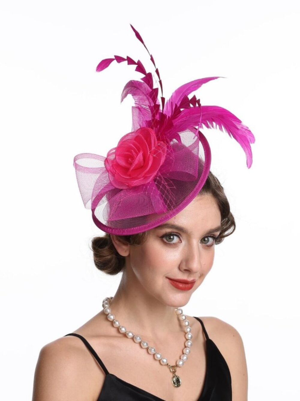 Women Fascinator Hair Clip Feather Flower Wedding Party Hat Rose Red